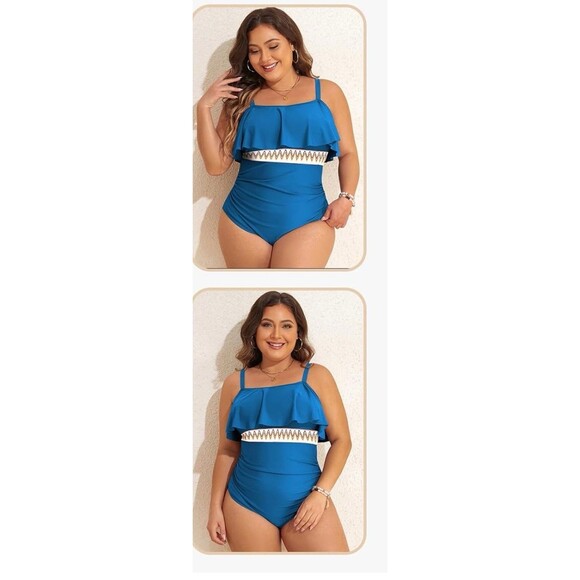 Womens Plus Size One Piece Swimsuit Ruffle Trim Tummy Control blue size 3X - Picture 4 of 16